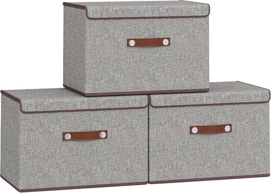 Set di 3 scatole di stoccaggio con coperchio, scatola di stoffa pieghevole con manico in PU, deposito per abbigliamento, giocattoli, libri, coperte, camera, camera da letto, soggiorno, 38 x 25 x 25 cm, grigio