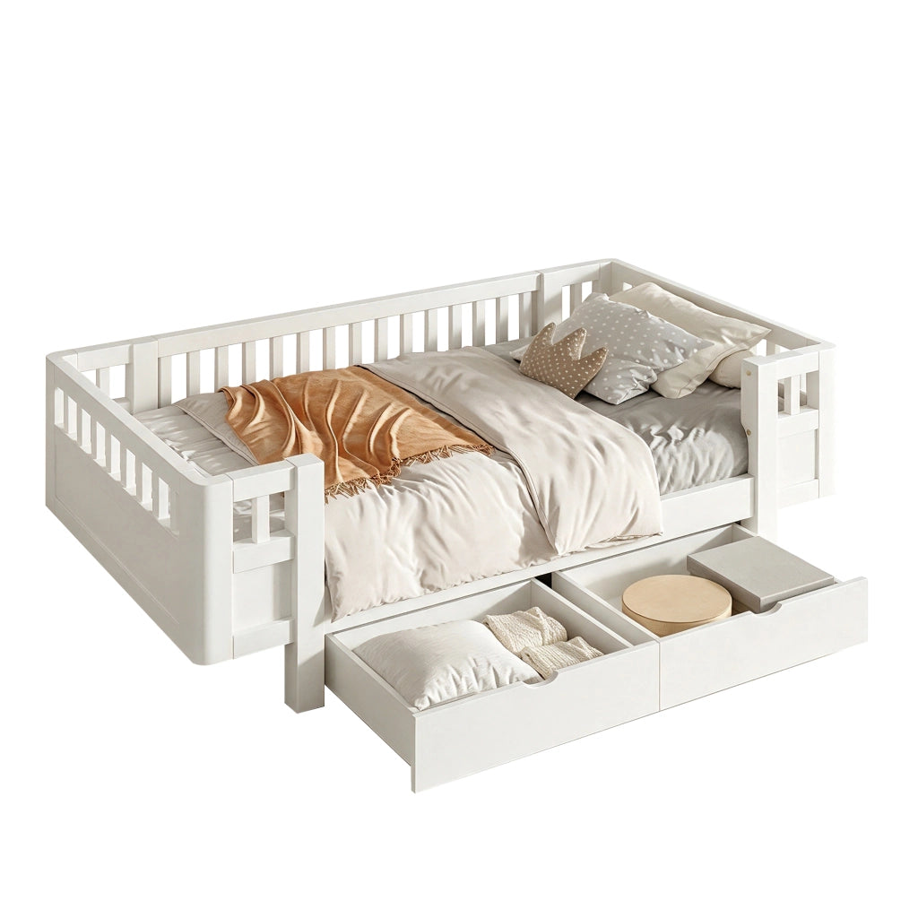 DESMIU Letto per bambini 90 × 200 cm con 2 cassetti e barriera di sicurezza, senza materasso, in legno massello, bianco