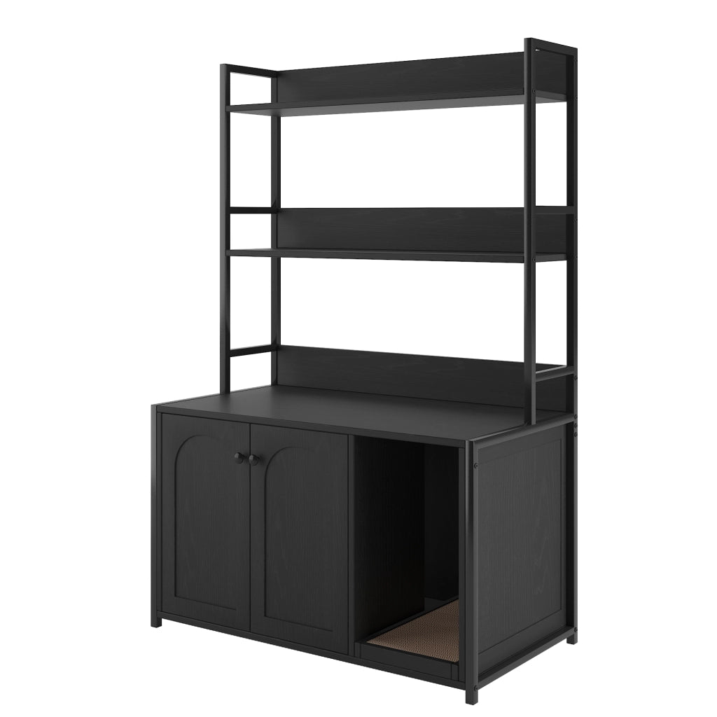 MOBILETTO LETTIERA per gatti con scaffali 3 livelli, nero, MDF e metallo