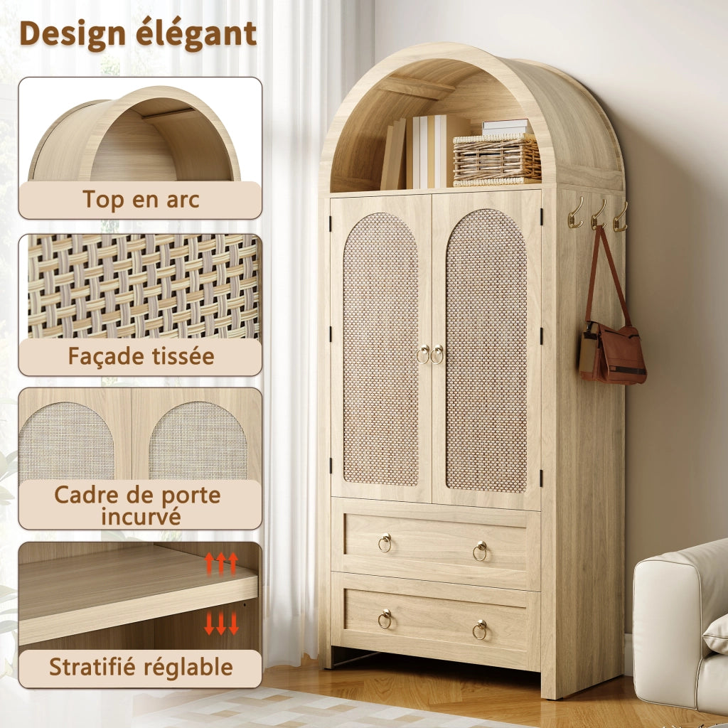 Credenza con ripiani aperti, armadietto con ante in rattan, doppi cassetti e ganci laterali, in MDF rovere