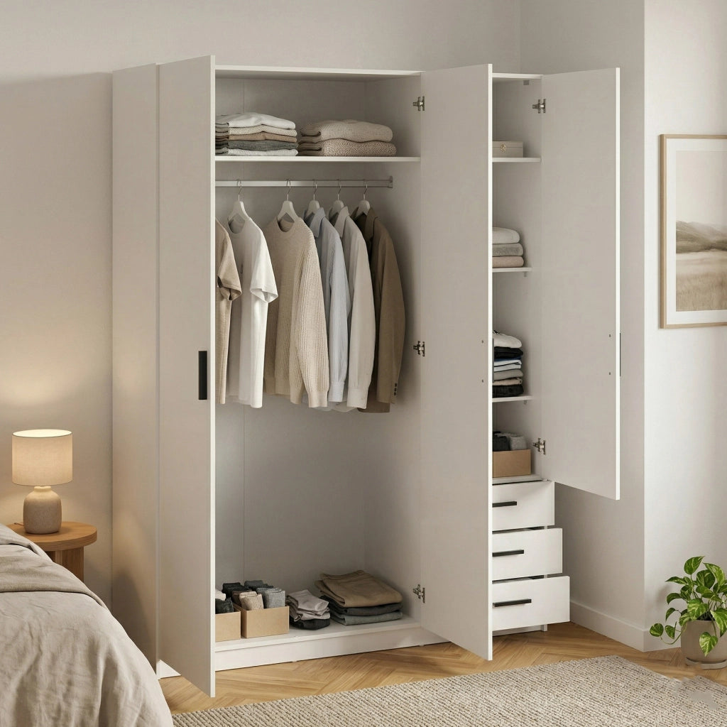 Guardaroba 3 ante Simeon, Mobile camera da letto, Cabina armadio portabiti, Armadio appendiabiti, 147x50 h200 cm, Bianco