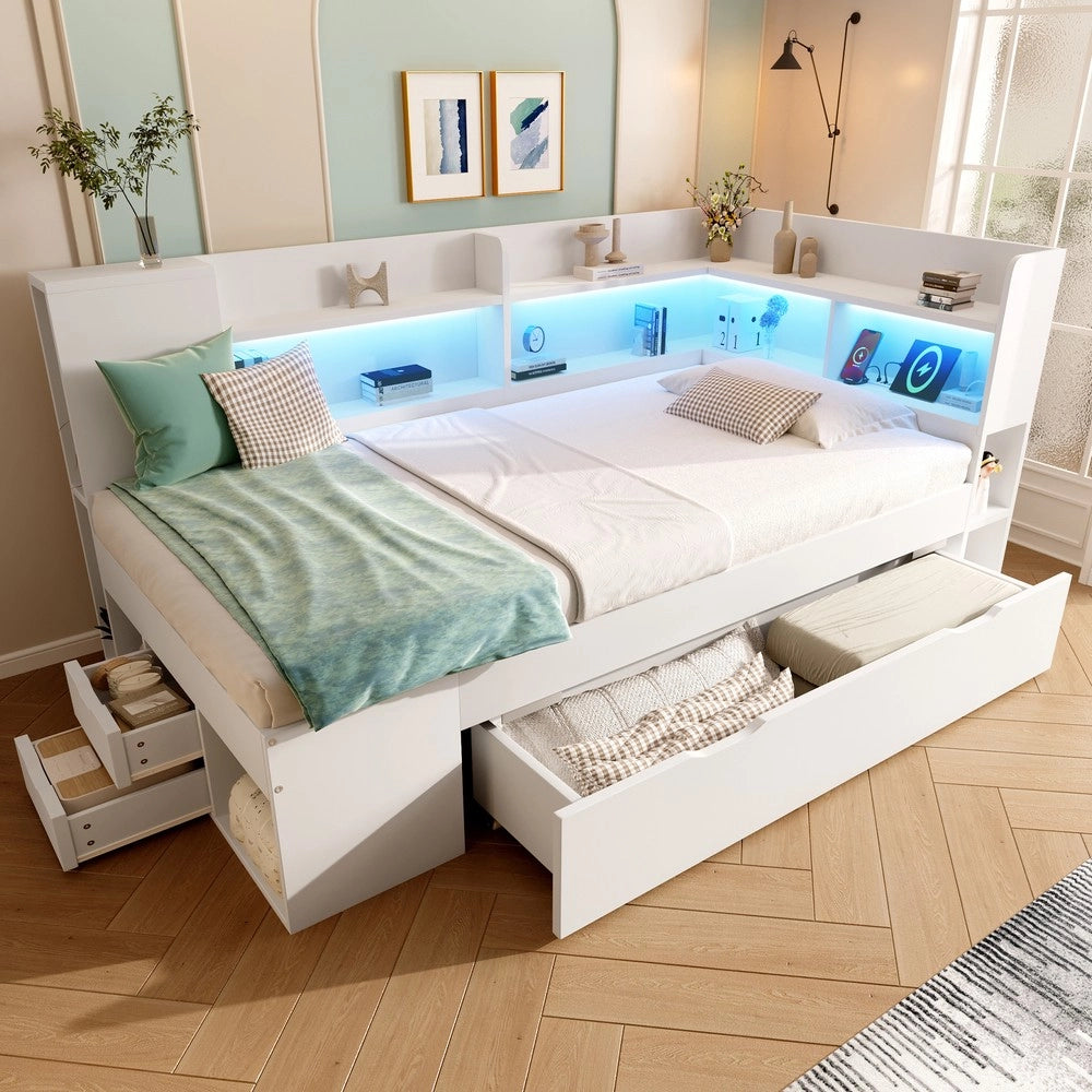 Letto Singolo con LED, USB, Cassetti e Rete a Doghe ¨C MINIMAL ¨C Bianco 90x200, con Materasso