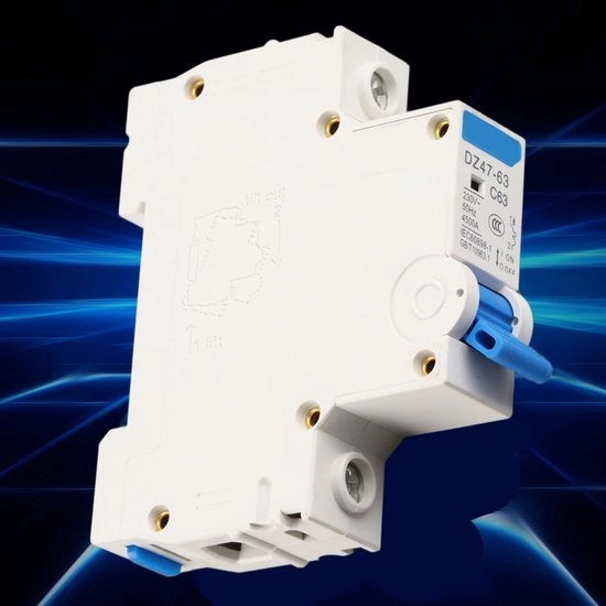 Interruttore di Corrente 1-polo 63A - Materiale Resistente al Fiamma - Capacità di Interruzione 4.5kA - Compattato - Leggero - 20.000 Cicli - Dispositivo di Sicurezza Automatico
