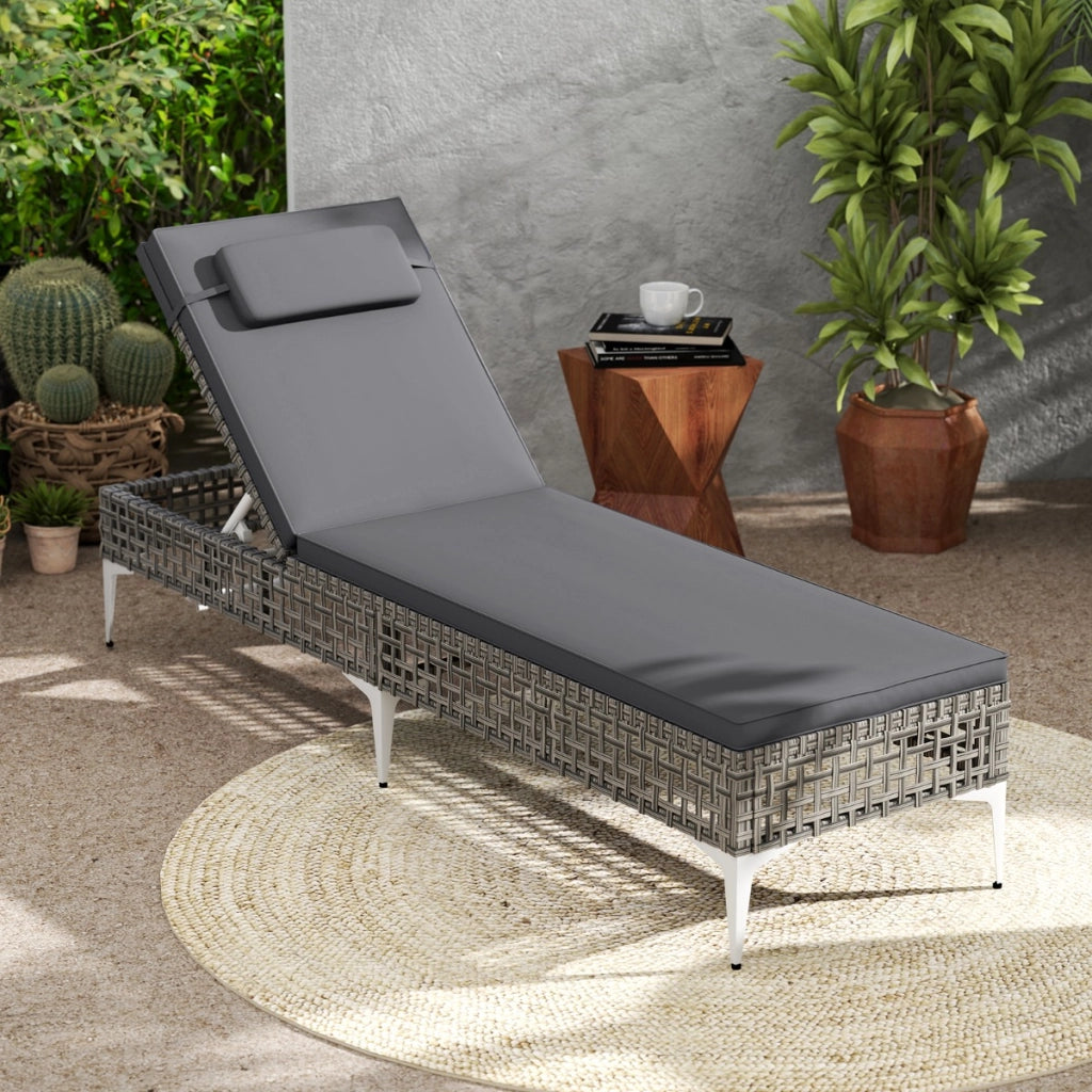 Lettino sdraio in rattan PE con schienale regolabile a 6 livelli per piscina-Sedia a sdraio da patio cuscino e poggiatesta removibili Grigio