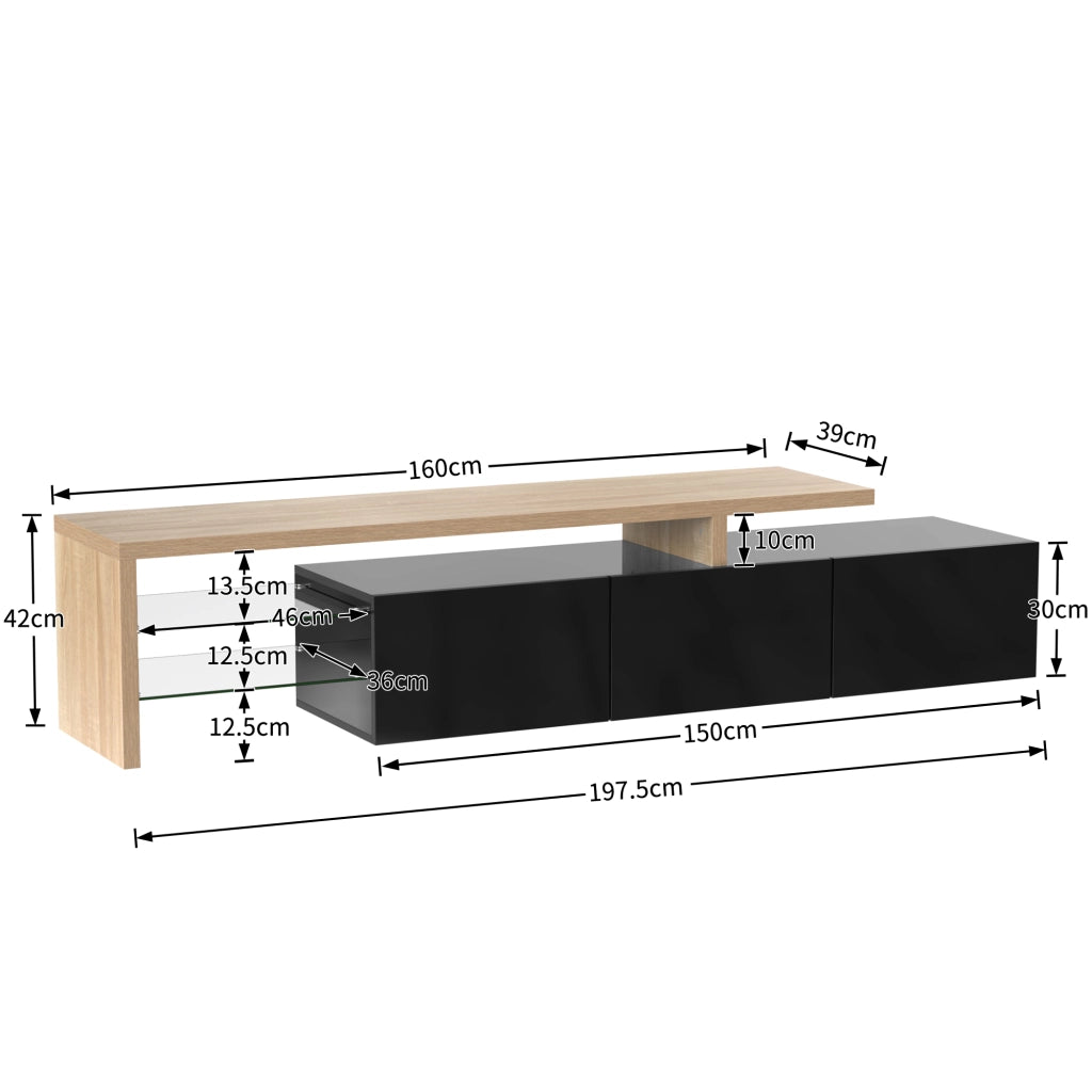 Mobile TV con 3 ante, ripiani in vetro e LED per soggiorno, in MDF e vetro, nero e legno, 197.5 × 39 × 42 cm