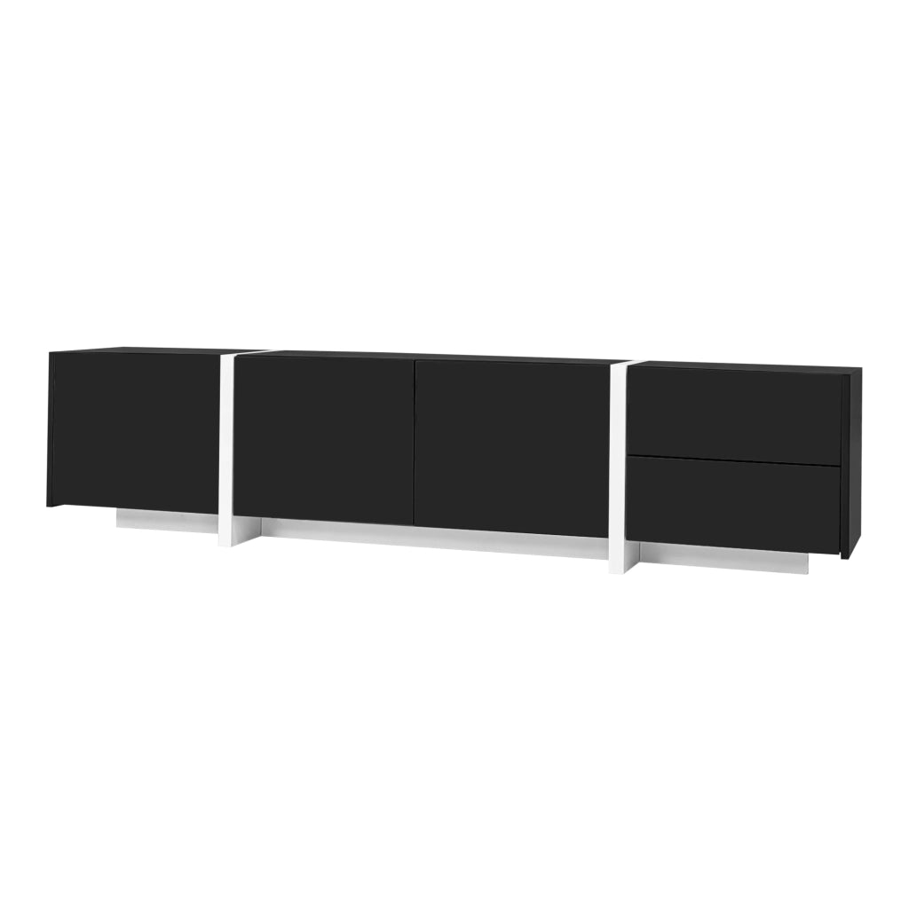 Mobile TV 170x30x39 cm con 3 ante; cassetto e anta a ribalta in truciolare nero e bianco