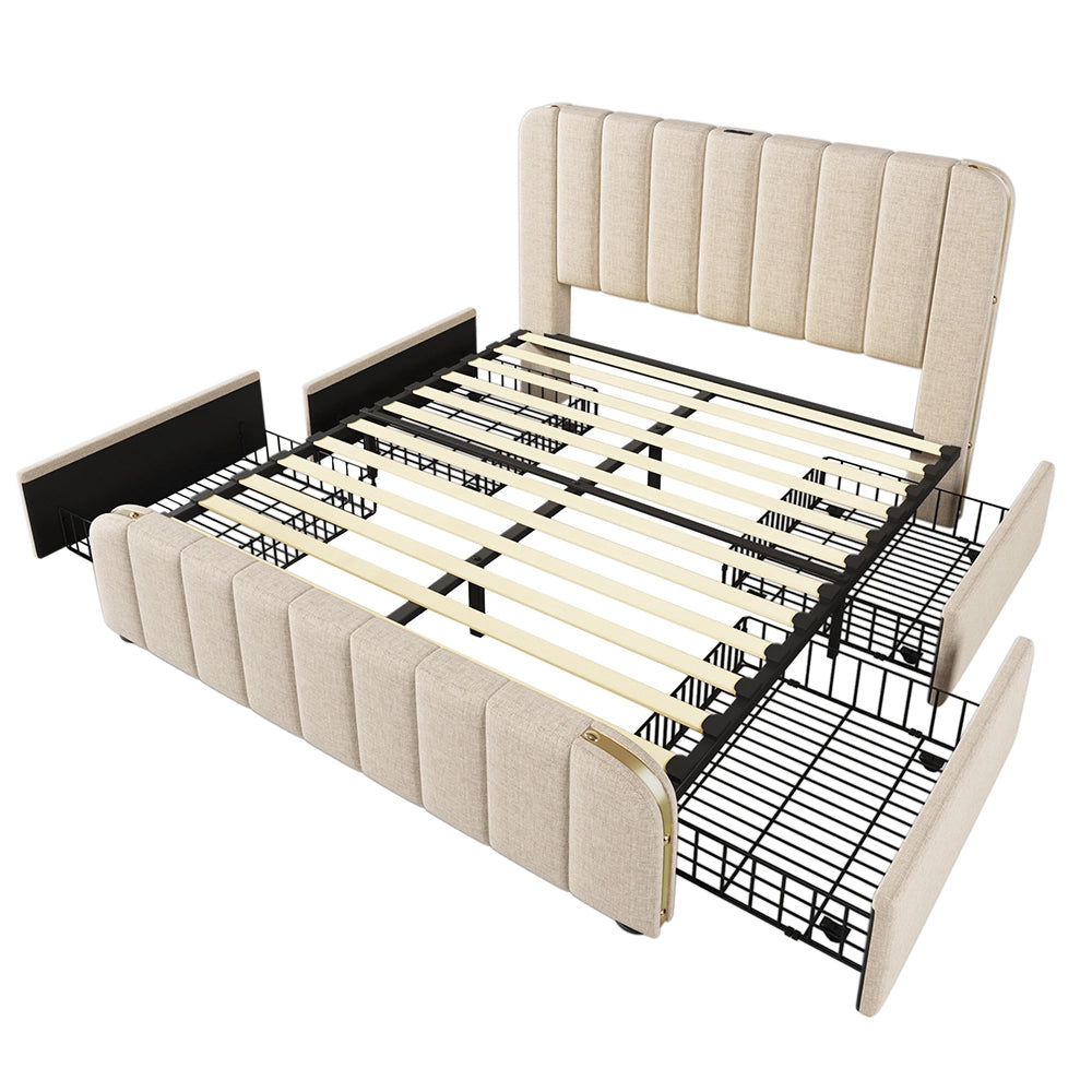 Letto imbottito con 4 cassetti - Xylo - 140x200 cm - Beige - Testiera imbottita doppia con carica USB-C