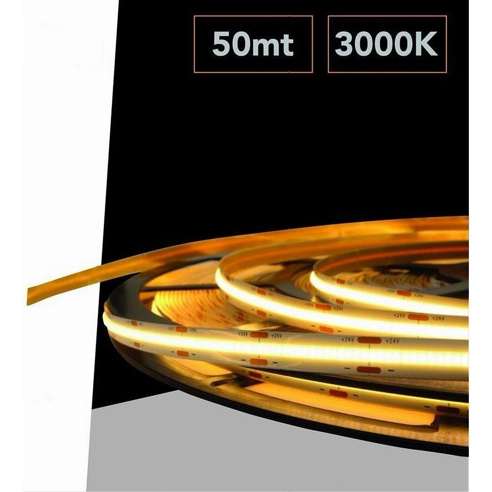 Trade Shop - Striscia Led Cob Strip Bobina 50mt 24volt Led Smd Luce 4000k 6500k 3000k Cob-50m - -bianco Caldo      -