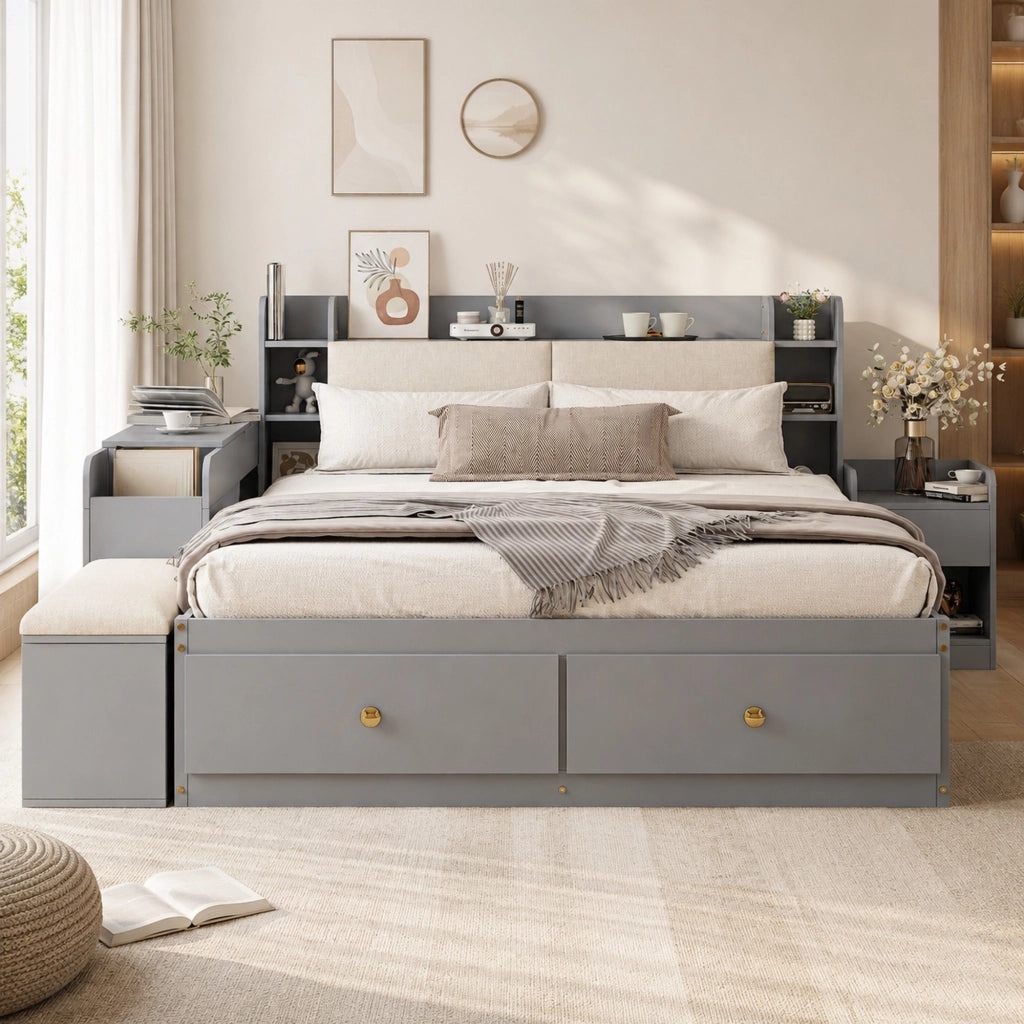 Letto matrimoniale multifunzione 140x200 cm in legno massiccio; con testiera imbottita e contenitore; grigio