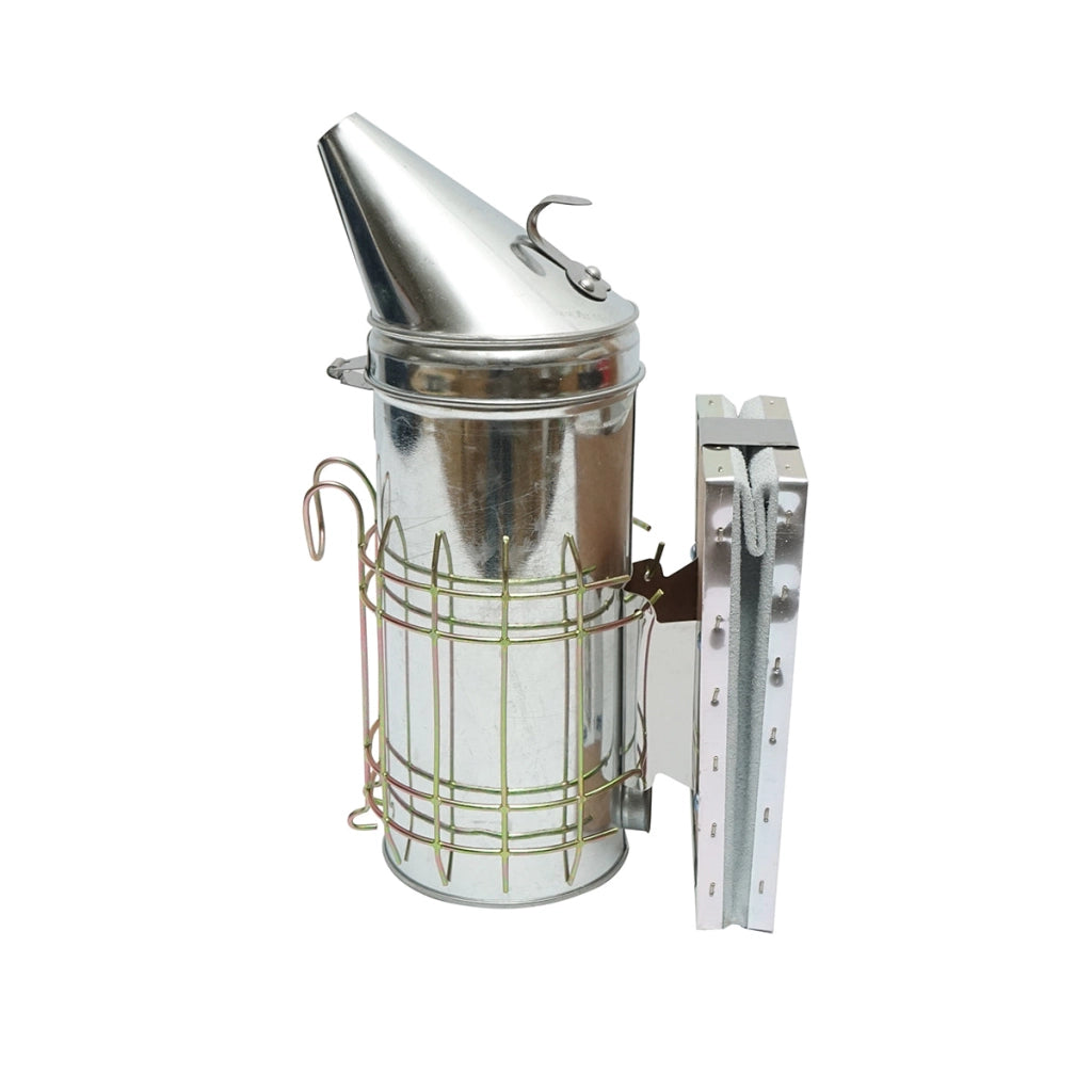 Affumicatore per api in acciaio galvanizzato con cilindro, scudo termico e soffietto in pelle, 230 mm