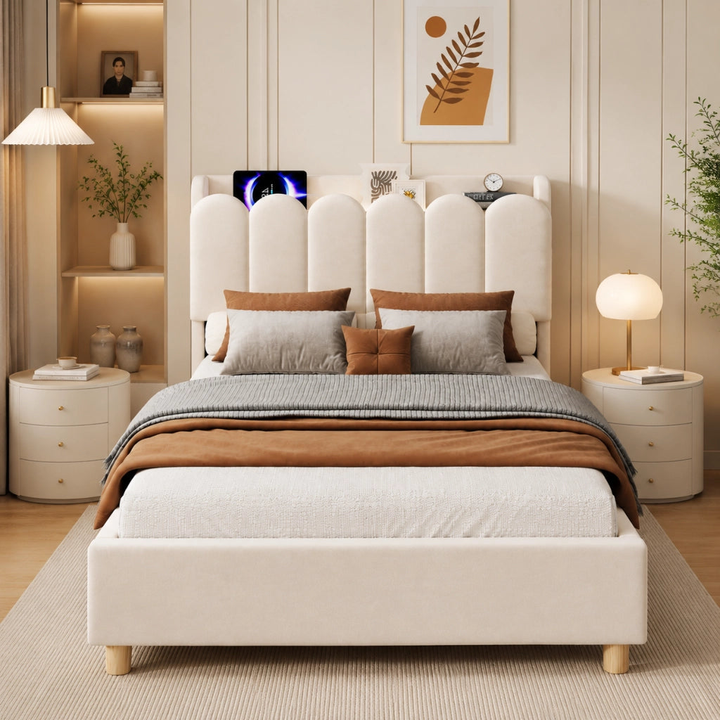 Letto singolo imbottito 90x200 cm in velluto beige, testiera contenitore, USB/Type-C e lampada da lettura