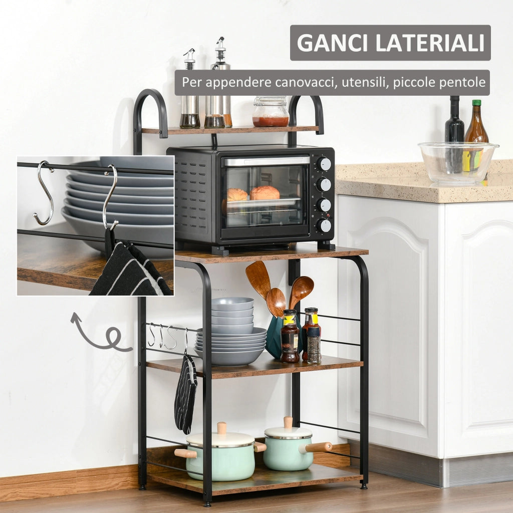Mobiletto per Microonde, Scaffale da Cucina a 4 Ripiani e 4 Ganci, Mobile Cucina in Acciaio e Legno 60x40x125cm, Marrone Rustico