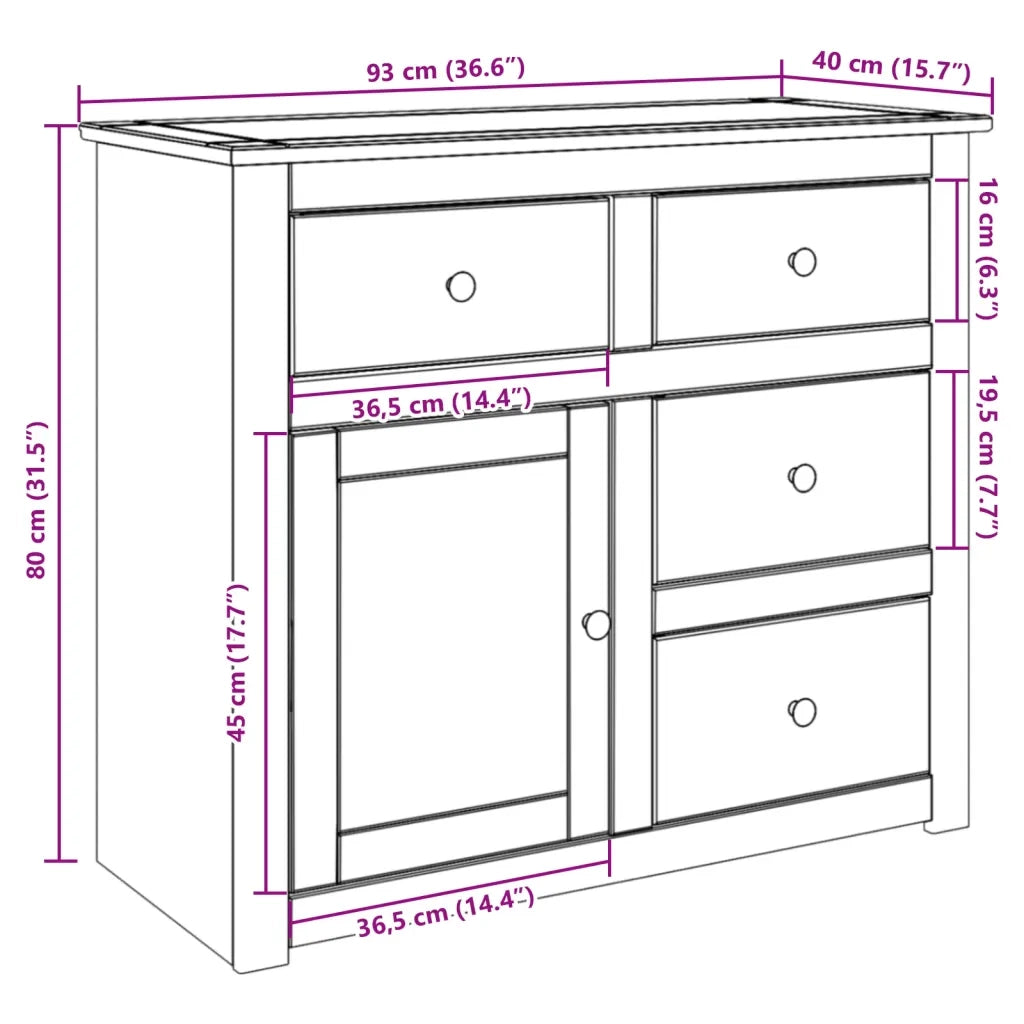 Credenza | Madia | Buffet da pranzo | Armadio da pranzo con Cassetti PANAMA 93x40x80 cm Legno Massello di Pino
