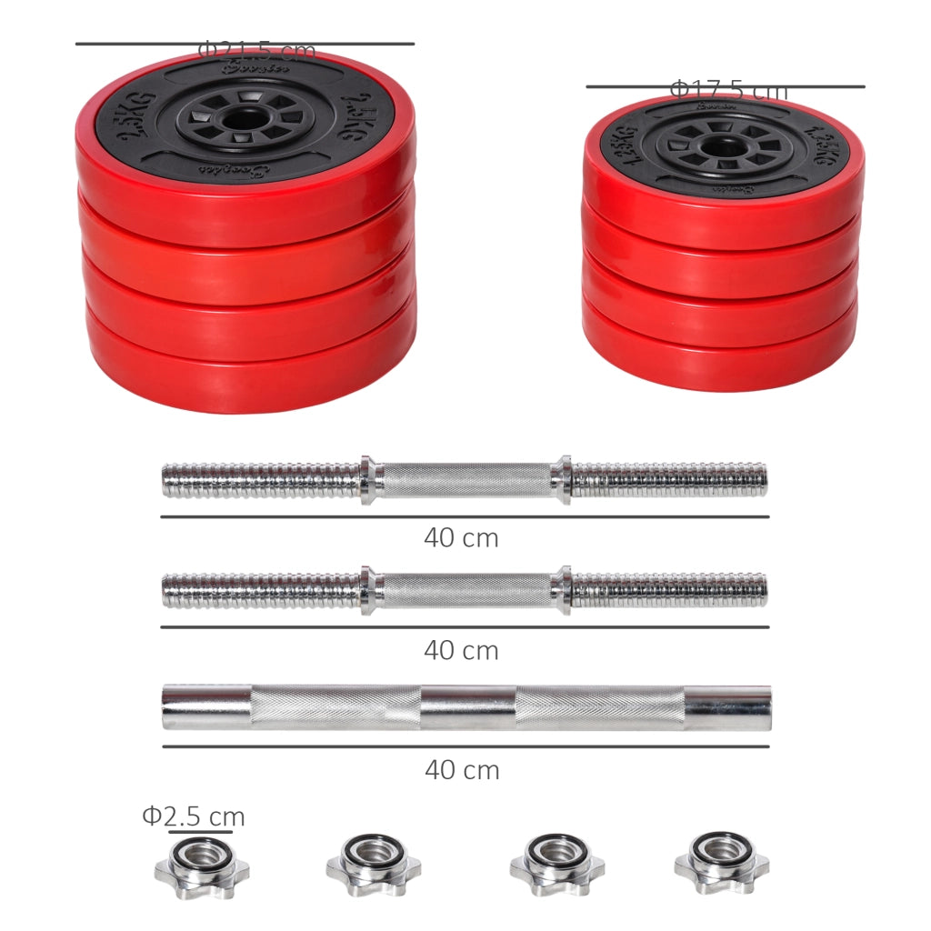 Set di manubri da 20 kg, 2 in 1, regolabili, con bilanciere e manubri, colore rosso e nero, per allenamento muscolare e fitness a casa. Dimensioni: