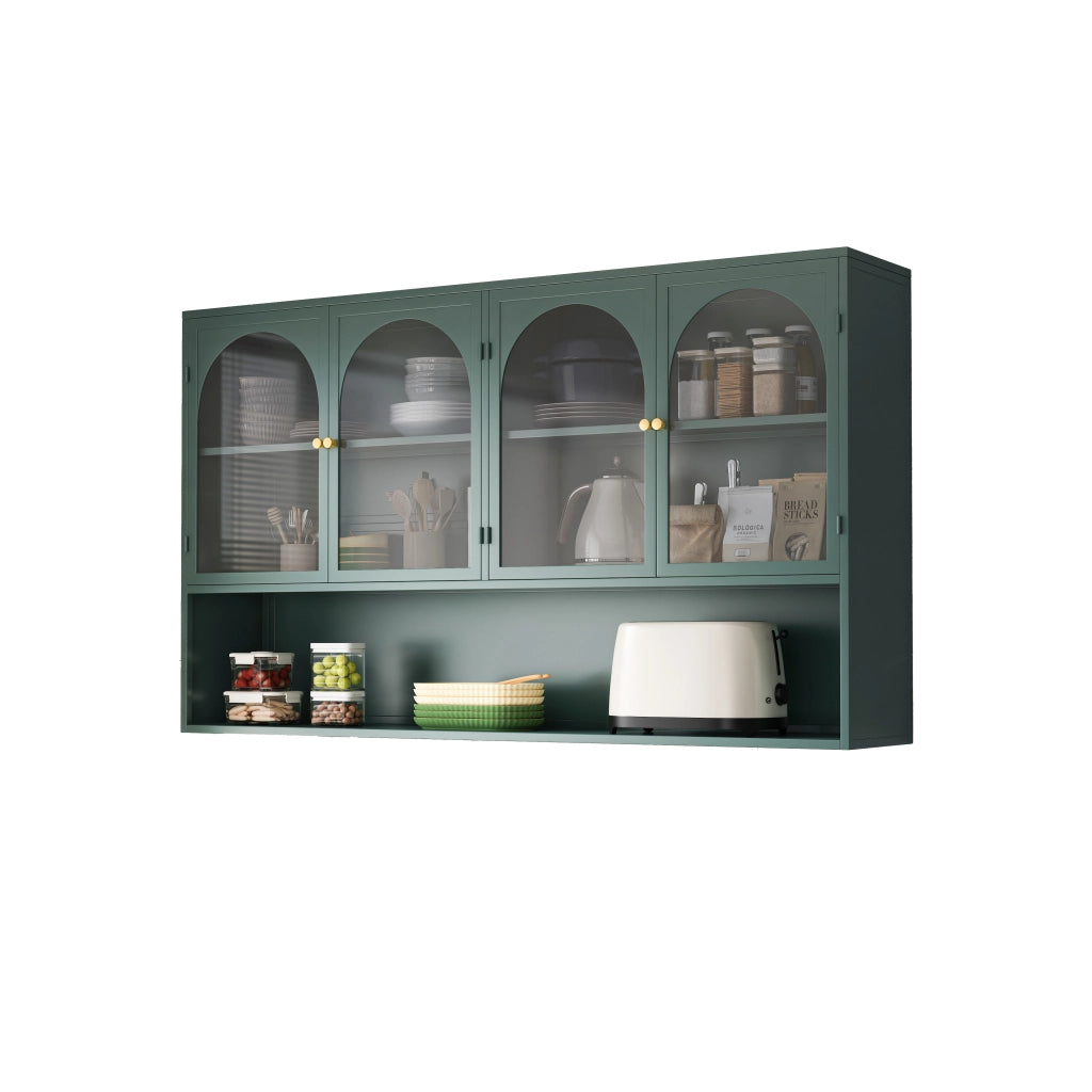Pensile a 4 ante in vetro e metallo, stile industriale, per cucina e soggiorno, verde scuro, 120 × 23 × 70 cm