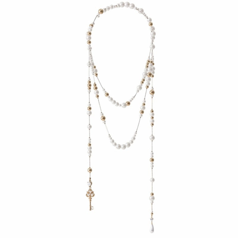 Collana vintage in stile francese con chiave, nappe di perle a pi¨´ strati, elegante catena a maglia e catena a clavicola con perline a goccia.