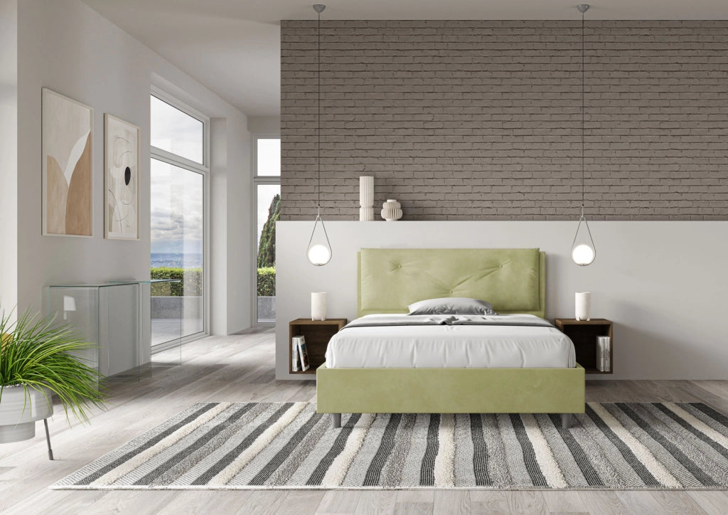 BS COM Letto matrimoniale francese contenitore imbottito 140x200 microfibra tè verde Large