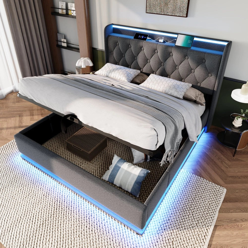 Letto Imbottito Contenitore 180x200 con LED e Testiera ¨C MINIMAL ¨C Grigio, Idraulico, USB