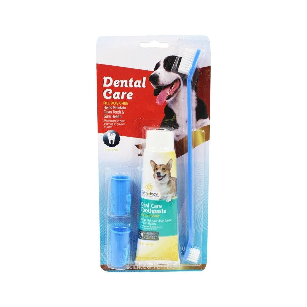 Trade Shop - Set Spazzolino Lungo Doppio + Dentifricio + 2 Testine Dito Per Cane Animali -