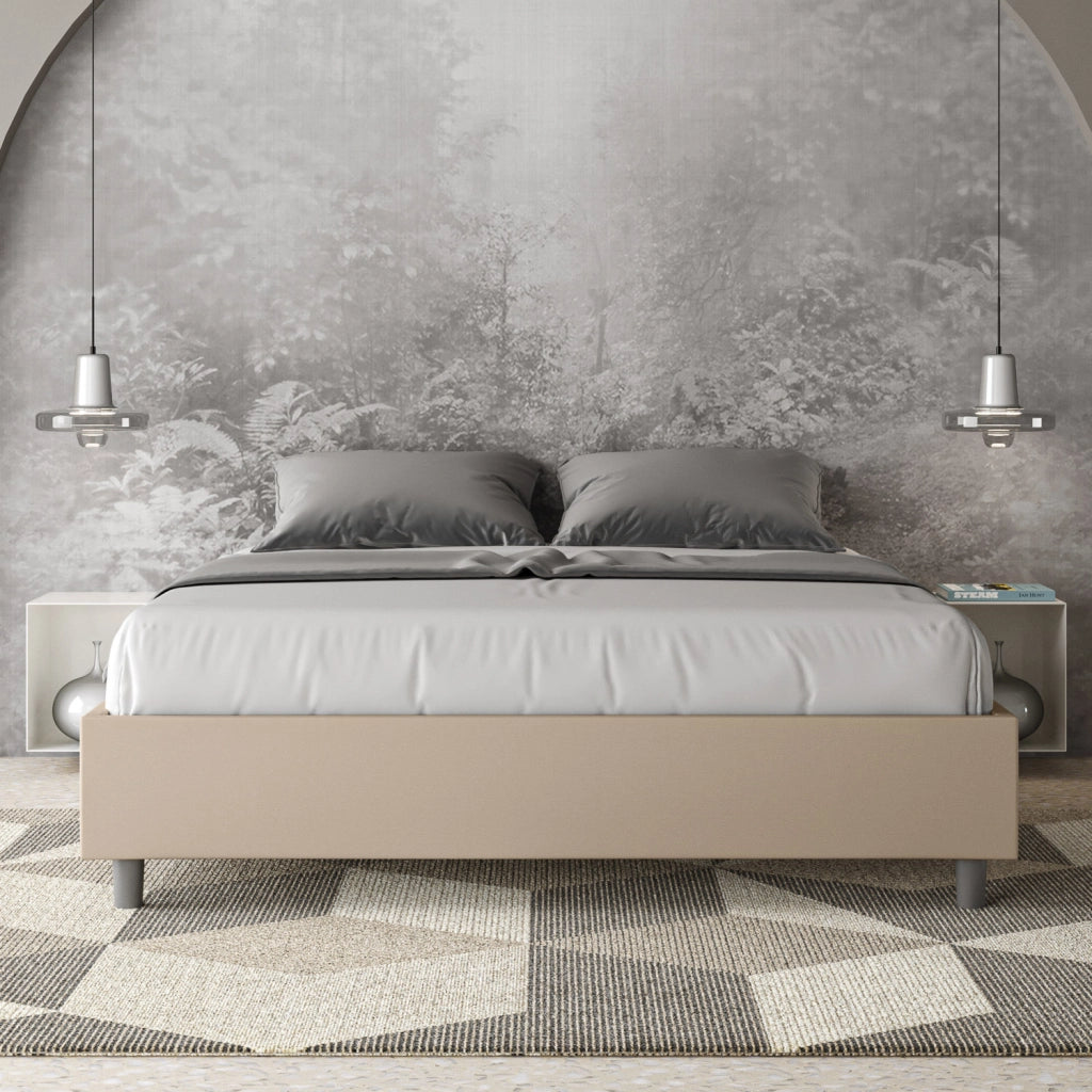 Letto Matrimoniale 160x190 cm con Rete e Contenitore Giroletto con Alzata Comoda Imbottito in Similpelle Azelia Tortora
