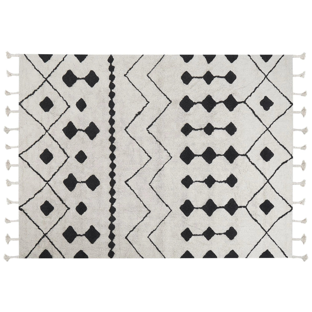 Tappeto cotone bianco sporco e nero 160 x 230 cm motivo geometrico nappe moderno orientale nappe