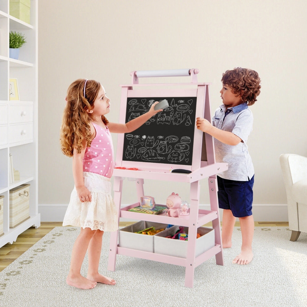 Cavalletto double face 3 in 1per bambini, Treppiede con lavagna bianca e nera e rotolo di carta Rosa-Cavalletti e lavagne bambini