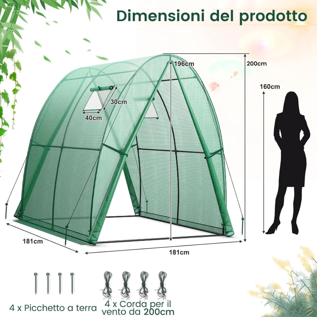 Serra da Giardino 181 x 181 x 200 CM, Serra a Tunnel da Esterno con 2 Porte con Zip, 2 Finestre, Copertura in PE Impermeabile e Tasche Laterali, Serra Invernale per Giardino (Verde)