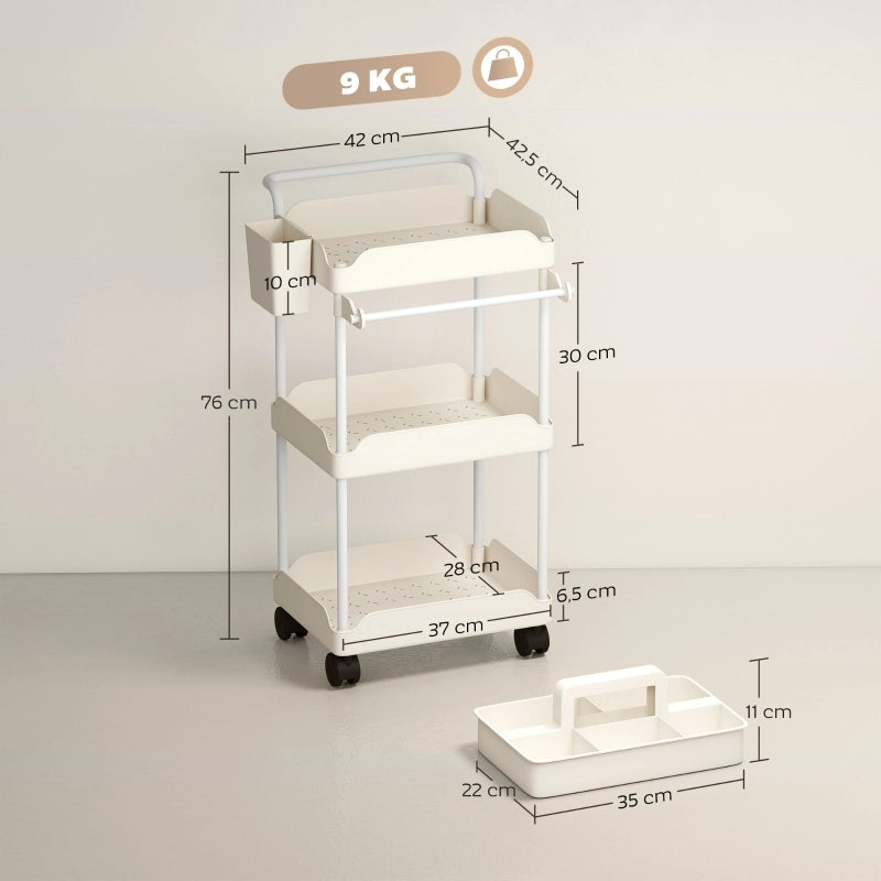 Carrello da cucina con 3 cestelli, portasciugamani e ruote, per cucina, bianco, 42 × 42,5 × 76 cm