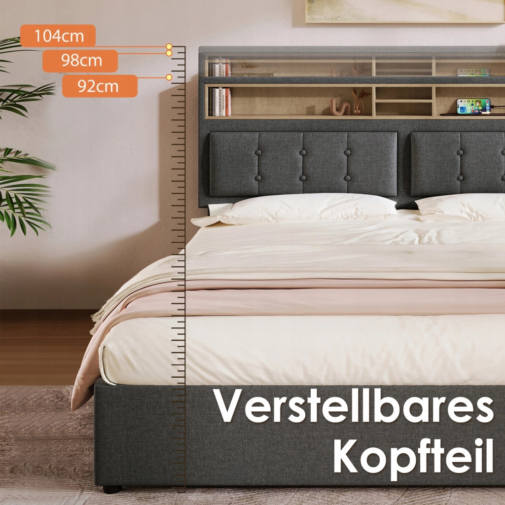 Letto imbottito 160x200 grigio con USB, telaio - Xylo