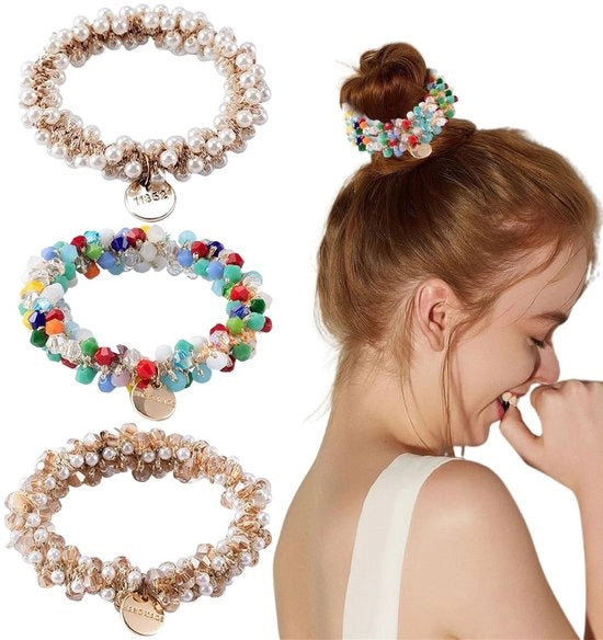 Elastici per capelli 3 pezzi - Elastici - Perle artificiali - Materiale morbido - Flessibili - Proteggono i capelli - Benda per capelli