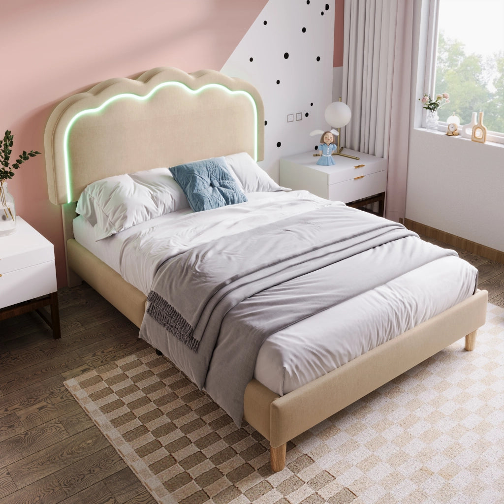 letto imbottito lino beige 90 x 190 cm