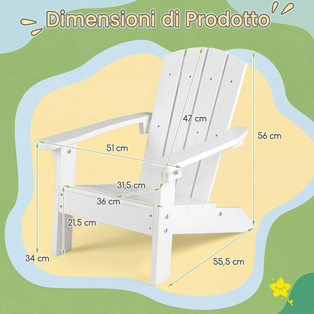 Set di 2 sedia adirondack per bambini in plastica resistente alle intemperie, Poltrona da giardino con schienale a doghe inclinato Bianco