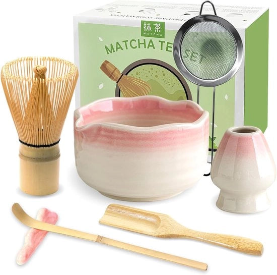 Set di 7 pezzi per Matcha con Ciotola in Ceramica e Vaschetta per Matcha – Accessori per la Preparazione del Matcha per Appassionati – Gradient Rosa