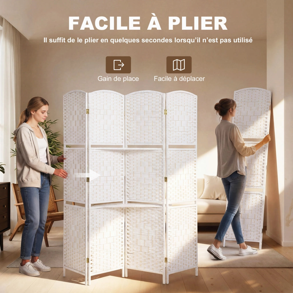 Paravento Divisorio 4 Pannelli con 2 Ripiani ¨C Xylo ¨C Legno Pieghevole 160x170 cm