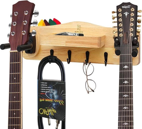 Supporto per chitarra in legno massello - 2 ganci in gomma regolabili - supporto per plettro e tavolo - chitarra acustica elettrica basso ukelele chitarra murale