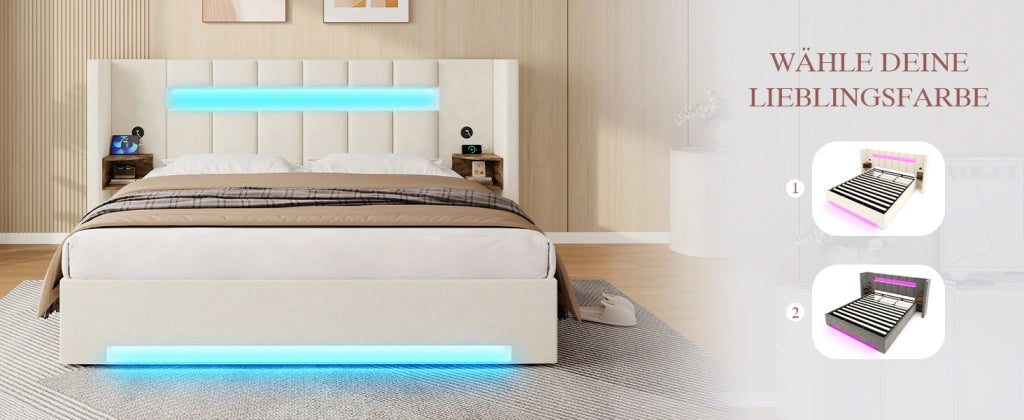 DESMIU Letto contenitore 180 × 200 cm 2 posti con USB, LED, vani portaoggetti, senza materasso, in velluto, beige