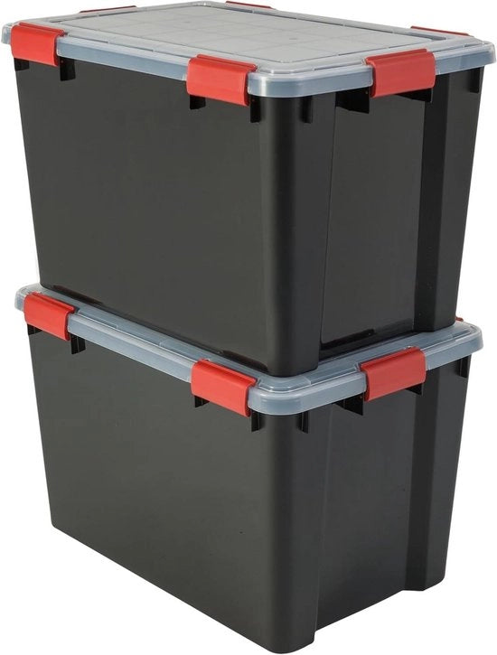 Set di 2 Cassetti di Stoccaggio Aria Imprigionata con Clip Stivabile - 70L - 59 x 39 x 38 cm - Nero per Garage, Sottoterra, Soppalco