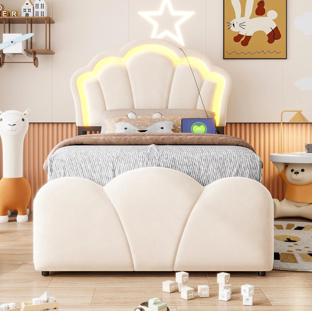 Letto imbottito 90x200 cm con vano contenitore idraulico e LED beige