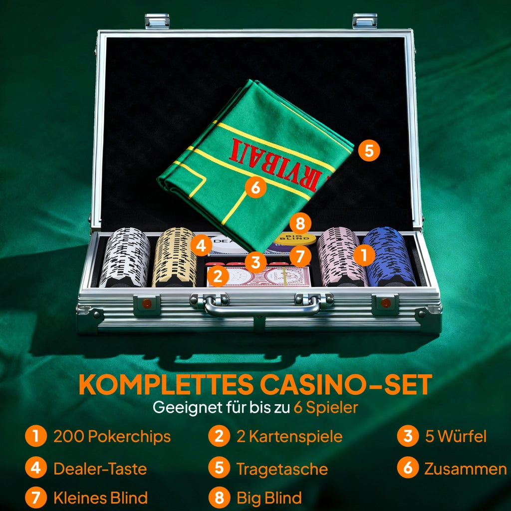 Set di Fiches da Poker in Valigetta ¨C Minimal ¨C con Dadi, Pulsante Dealer, 2 Mazzi di Carte, Colore Argento