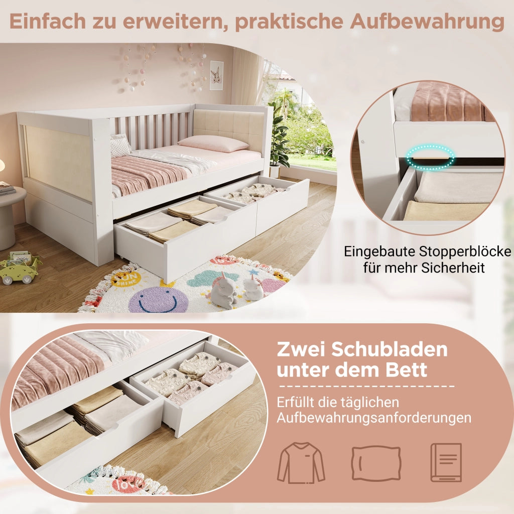LETTO a una piazza 90x200 cm Bianco con 2 cassetti