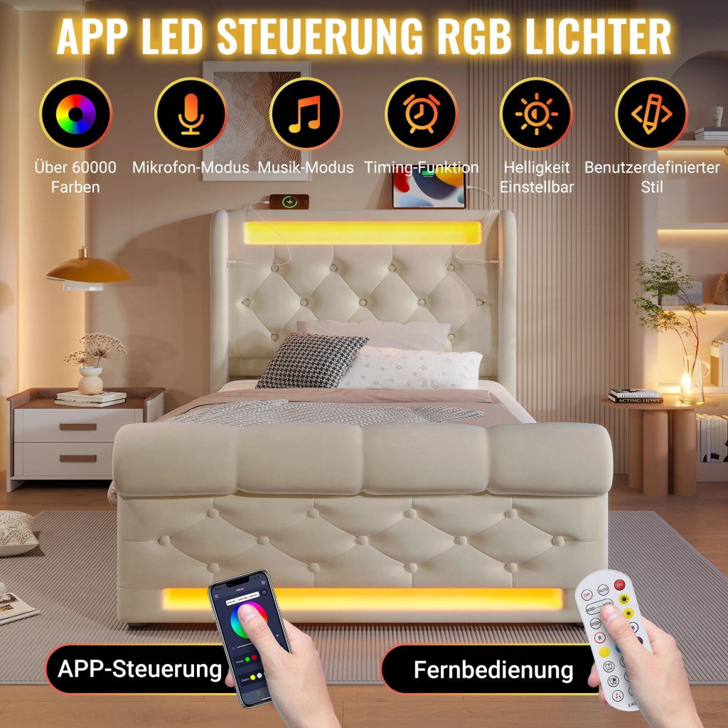 LETTO Imbottito con LED e USB/Type-C 90x200 cm Velluto Beige