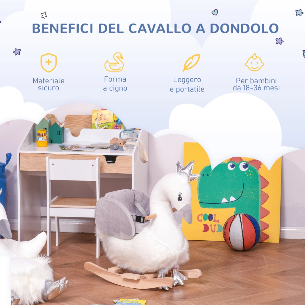 Cigno a Dondolo per Bambini ¨C zephmum ¨C Bianco e Grigio in Legno e Peluche