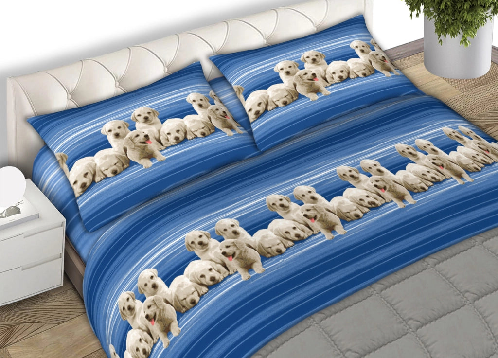 Completo Lenzuola In 100% Cotone Made In Italy Dis. Labrador Colore Blu C.N. - Matrimoniale - Blu