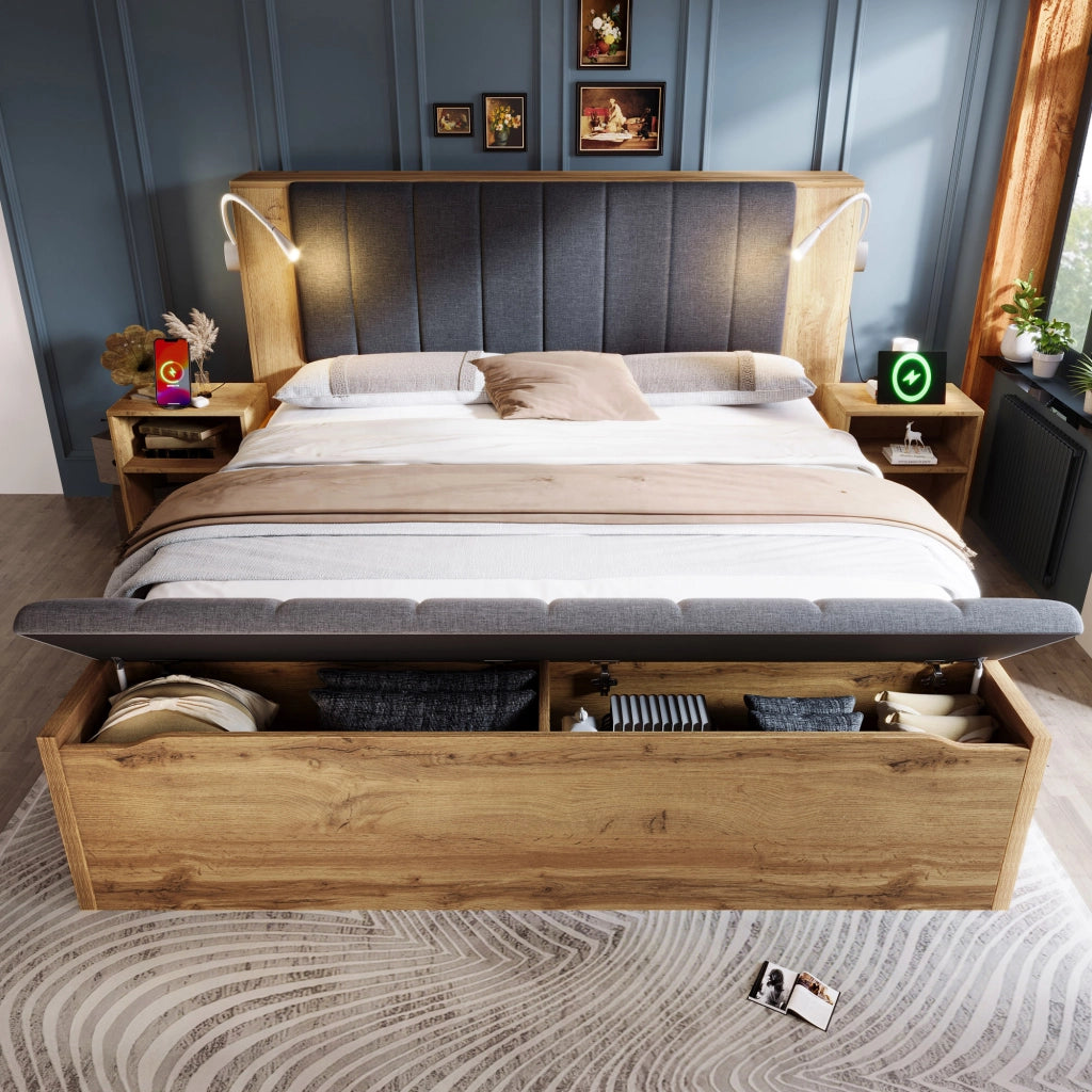 DESMIU Letto Matrimoniale 160 × 200 cm con Lampada da Lettura USB, 2 Comodini, Panca Contenitore, senza Materasso, Rovere