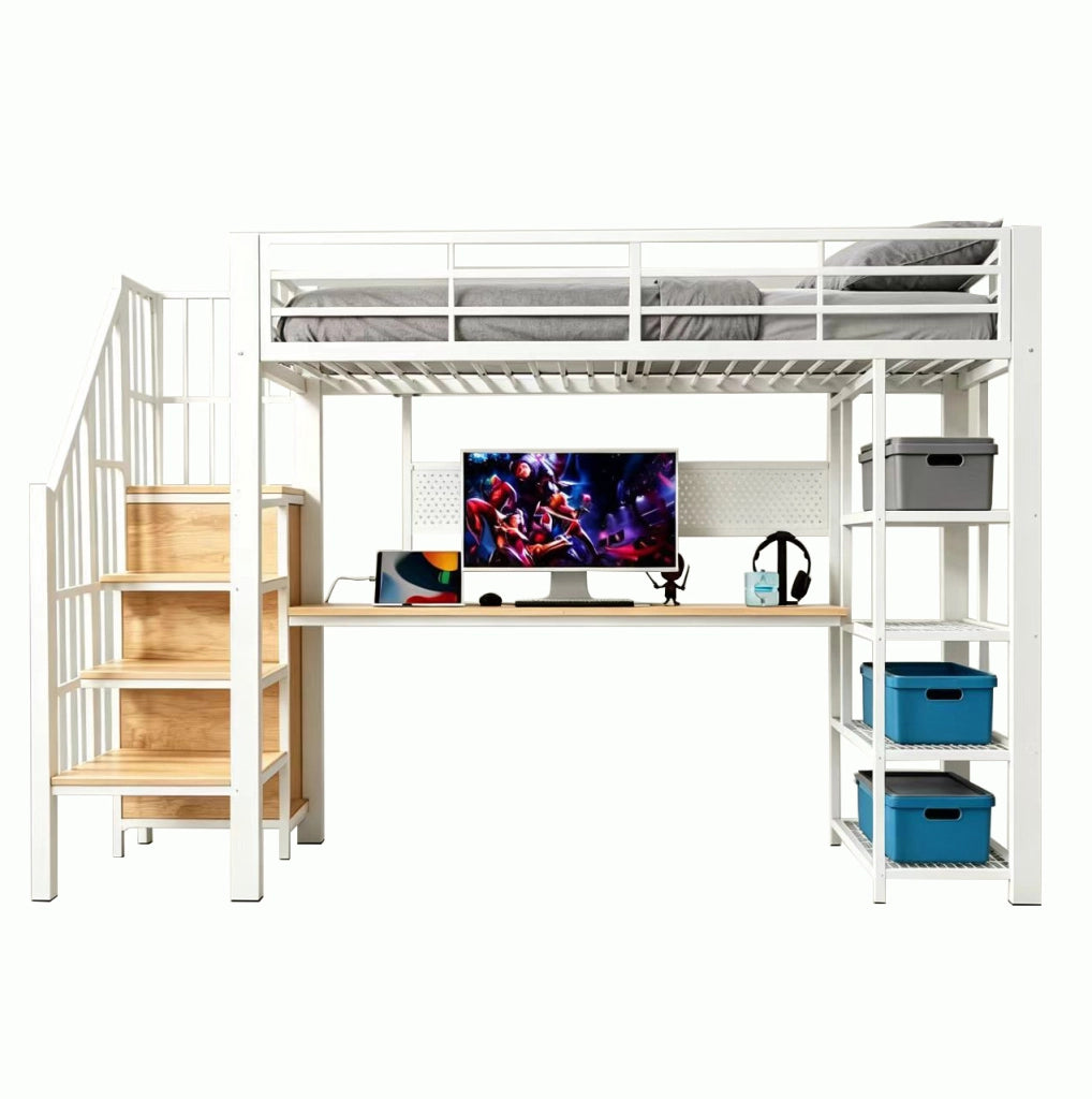 Letto a soppalco 90x200 cm con scrivania, scala contenitore, LED e prese