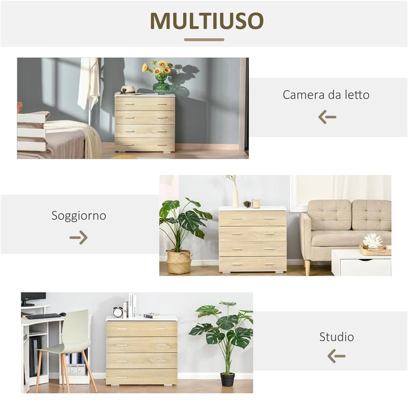 CASSETTIERA 4 CASSETTI IN LEGNO E MANIGLIE IN ALLUMINIO 76X35X72CM BIANCO E ROVERE