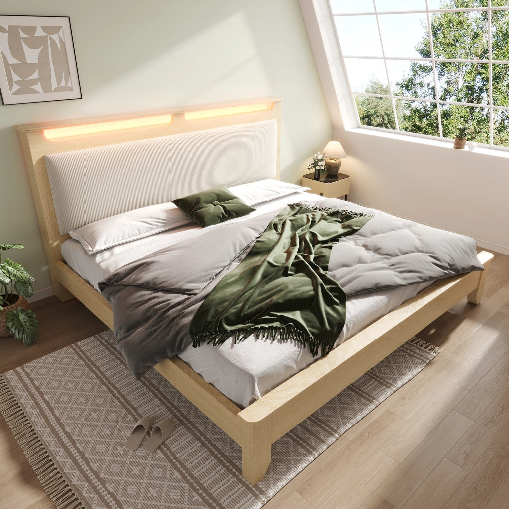Letto matrimoniale in legno - Zephmum- 160¡Á200cm- Quercia chiara- Testiera con LED e ripostiglio