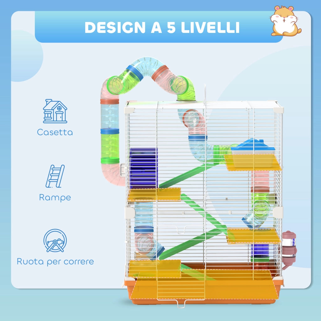 Gabbia per Criceti a 5 Livelli con Tubi, Ruota, Scale, Casetta e Bottiglia ¨C Minimal ¨C 46x30x58 cm, Arancione