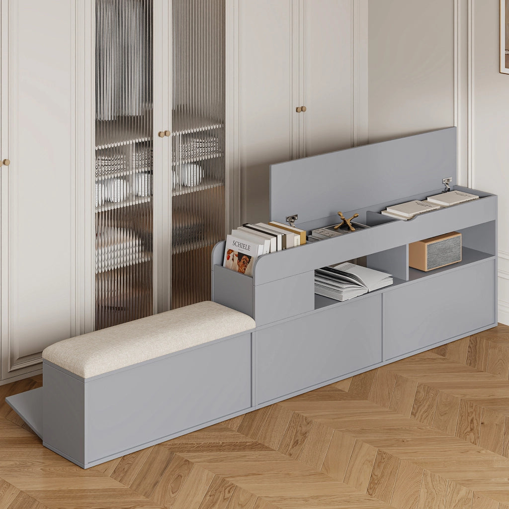 Letto contenitore matrimoniale 140×200 cm con testiera imbottita; 2 cassetti e ripiani; senza materasso; legno; grigio