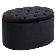 Panca imbottita nera con vano contenitore, in poliestere vellutato e legno di caucci¨´, forma ovale, 71x52x42 cm
